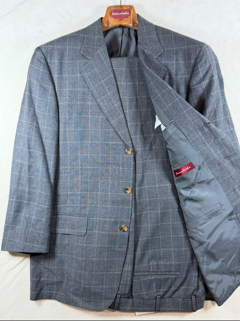 Samuelsohn 42R Super 120’s 100% Wool Gray Windowpane Wool Suit Made in Italy Lux
